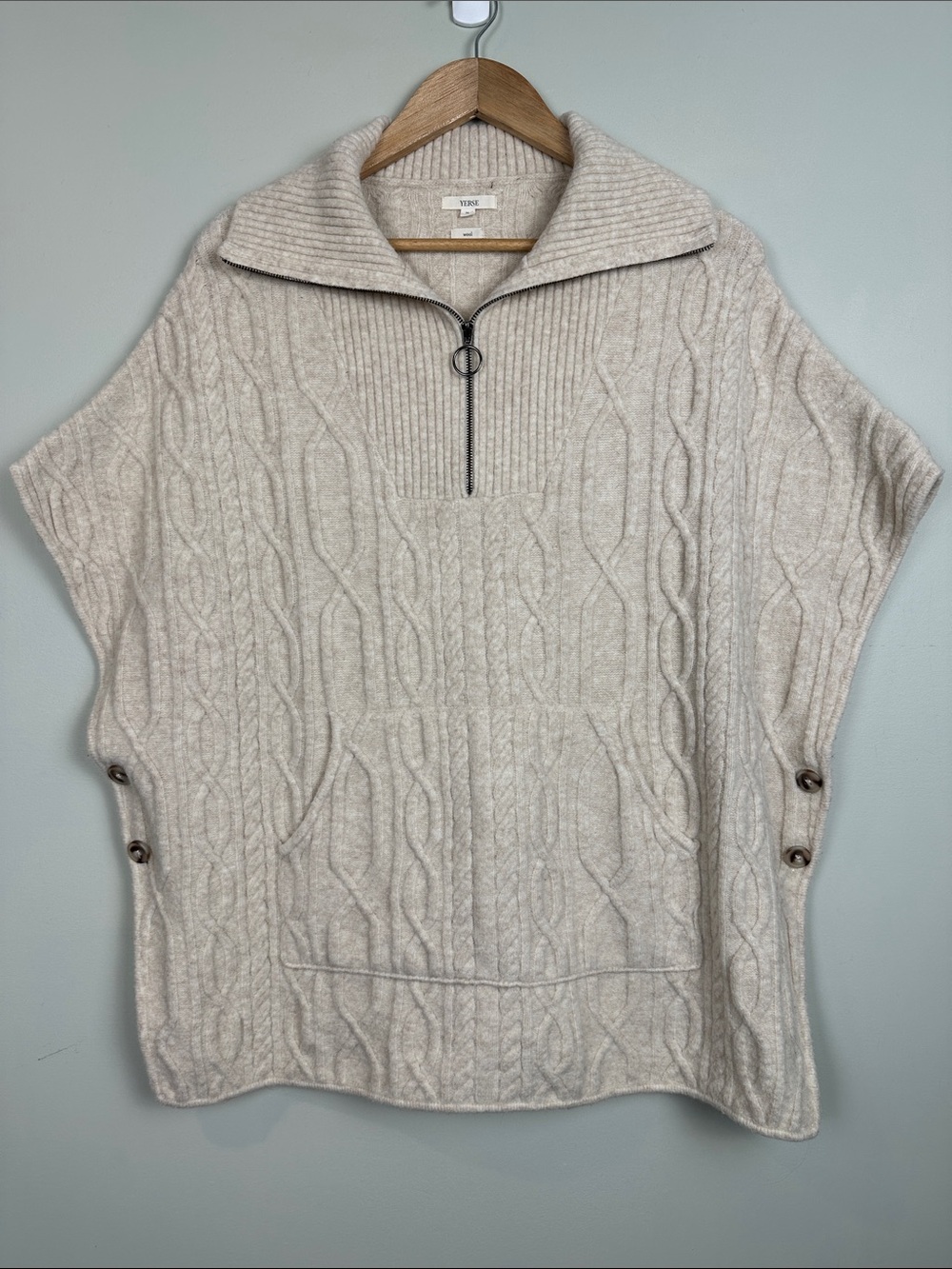 YERSE Wool Alpaca acrylic blend Cable-Knit Half-Zip Poncho Shall Oatmeal Cream